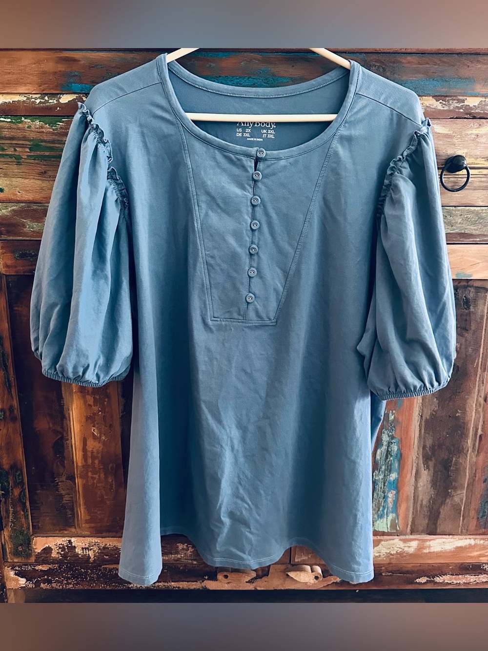 AnyBody Blue Puff Short Sleeve Henley Top Blouse Plus Size 2XL Boho Casual Knit